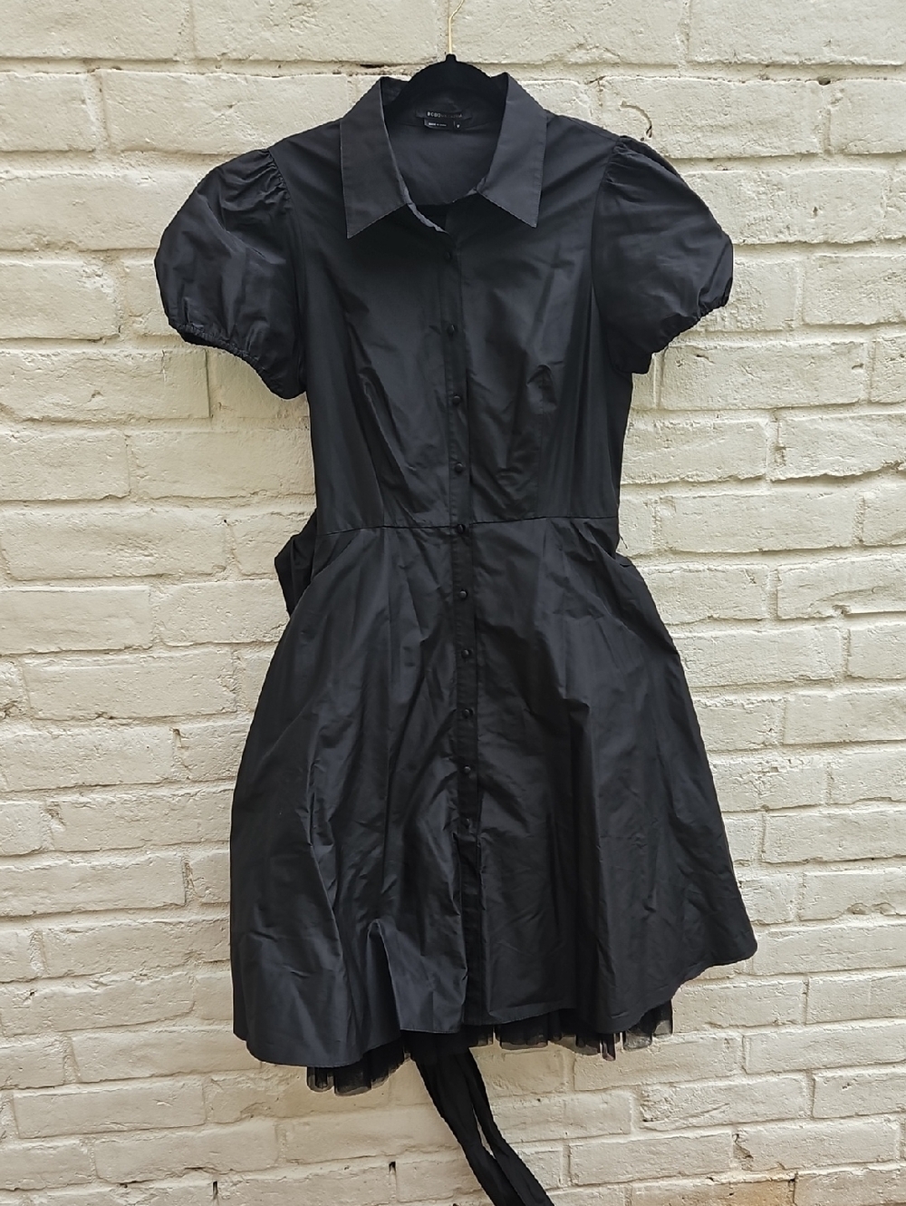 BCBGMaxAzria Black Puff-Sleeve Button Front Mini Dress